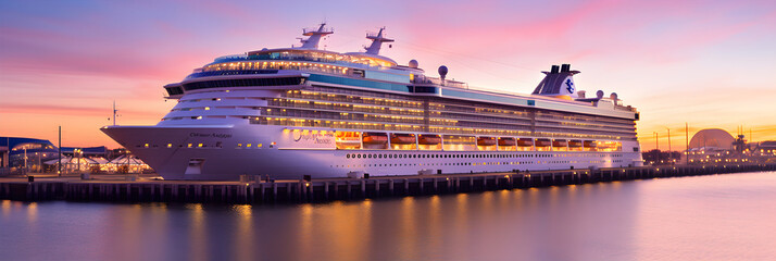 Majestic Cruise Ship Basking in the Glory of Sunset at Harbor - obrazy, fototapety, plakaty