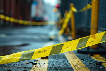 A close-up of warning tape cordoning off an area, focusing on themes of caution and restricted access post,