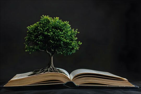 A tree growing out of an open book symbolizing knowledge and learning against a black background. Concept Photography, Symbolism, Knowledge, Learning, Black Background