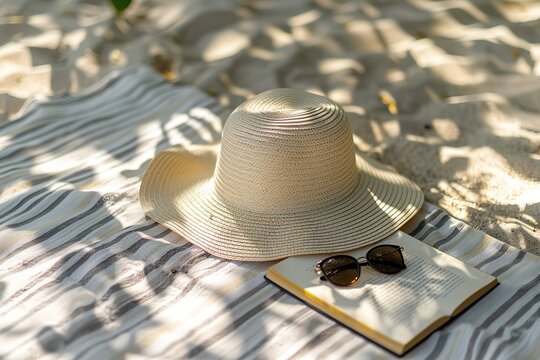 Summer pastel background with wide-brimmed sun hat, sunglasses, book on beach towel as background, shadow of tree, sunlight. Generative AI