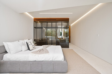 Interior shot of a bedroom of a modern house in Los Angeles