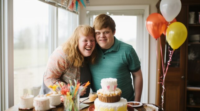 A woman and a man are posing for a picture in front of a birthday cake