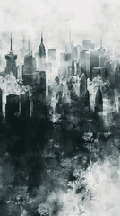 Spectacular abstract cityscape watercolor painting with black and white color with smog Digital art 3D illustration,  