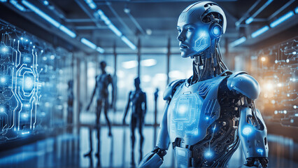 Fototapeta na wymiar Digital Humanoid Powered by AI Technology Cyborg on a Digital Mechatronic style background, AI technology based Cyborg with space for text 