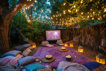 Projector for an outdoor movie night under the stars, string lights and blankets, popcorn bowls.