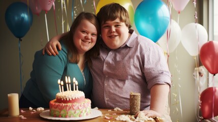 A young man and woman are posing for a picture in front of a birthday cake