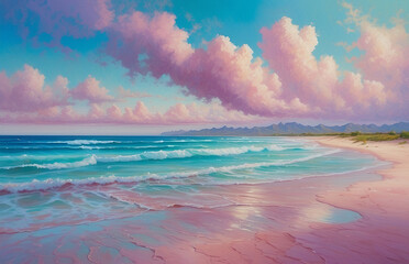 Dreamy pink sky and sea, generative ai - obrazy, fototapety, plakaty