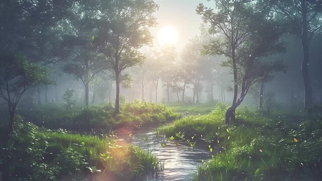 beautiful nature scene with forest stream leaf floating subtle aura babbling. seamless looping overlay 4k virtual video animation background