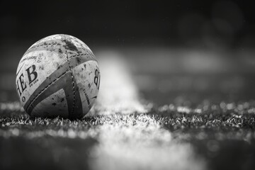 Rugby ball resting on the infield line, the contrast of its stitching and white chalk encapsulating...