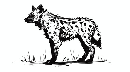 Hand-drawn black and white sketch of hyena on a white