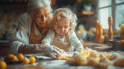 Grandmother teaching her grandchildren how to bake.