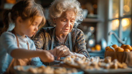 Grandmother teaching her grandchildren how to bake.