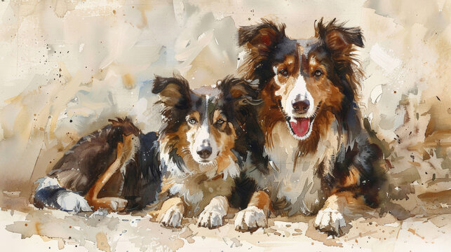 The family collie dogs watercolor painting, 