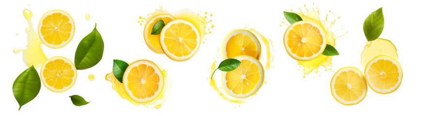 juicy lemons, vibrant green leaves, lemon juice on transparent background