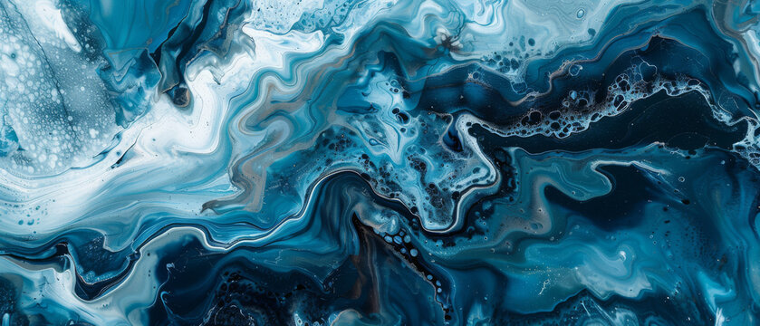 The abstract marbled texture features shades of blue paint, resembling fluid movement on a canvas, creating an artistic and dynamic painting effect.