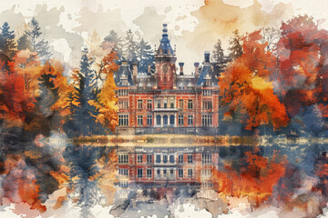 The school building or old mansion on the autumn landscape Watercolor , watercolor illustration 