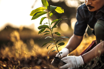 A gardener is planting a mango tree in the garden.