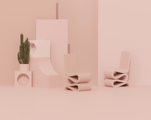 Creative interior design with vintage scooter, cactus plant, abstract geometric shapes and art armchair. Pastel pink color background. 3D rendering for web page, presentation or social media