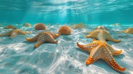 Vibrant starfish line the seabed under sunlit clear blue water in a shallow sea. Generative AI - obrazy, fototapety, plakaty