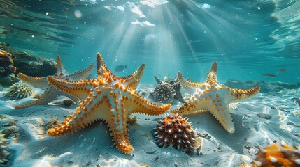 Vibrant starfish line the seabed under sunlit clear blue water in a shallow sea. Generative AI