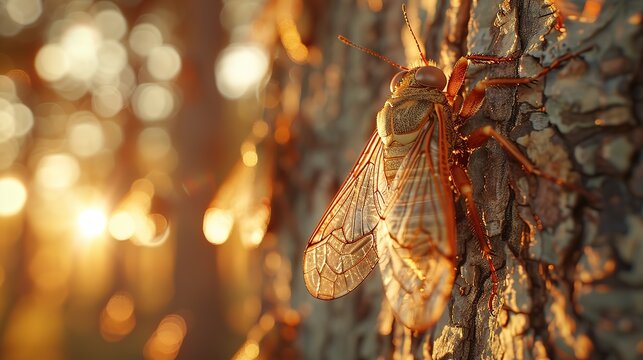 Cicadas cling to a tree, illuminated by the warm glow of sunset light. Generative AI