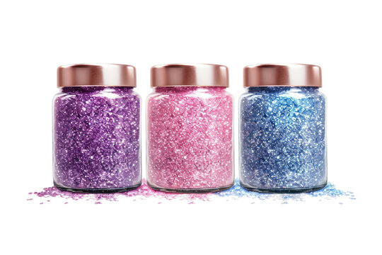 Glowing Treasures: Three Jars Filled With Sparkling Glitter. On White or PNG Transparent Background.