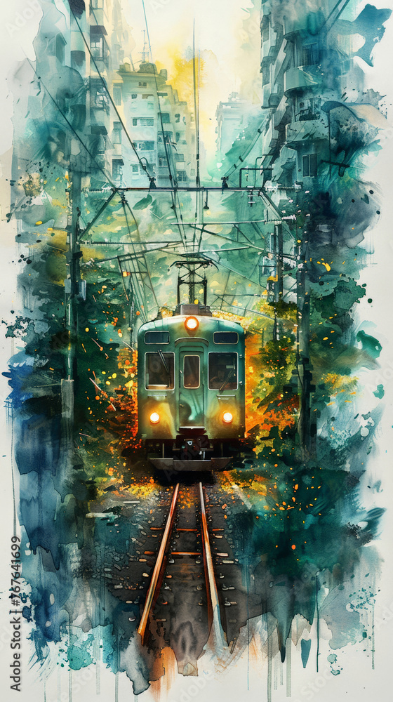 Wall mural train watercolour illustration green travel concept,