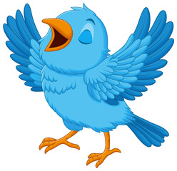 Cute Blue Bird Cartoon Singing Vector Illustration. Animal Education Icon Concept
