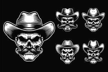 Dark Art Angry Cowboy Skull Head with Hat Black and White Illustration