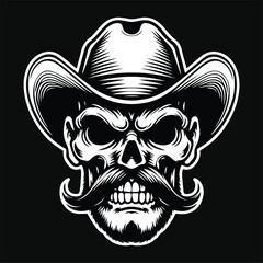 Dark Art Angry Cowboy Skull Head with Hat Black and White Illustration