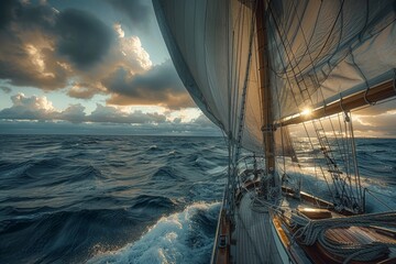 Sailing, highlighting the harmony between the sailboat and the vast ocean. - obrazy, fototapety, plakaty