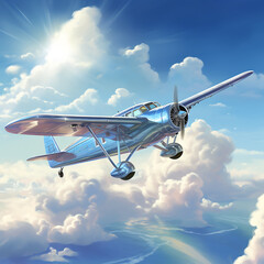 Airplane flying in the blue sky with clouds. 3d render