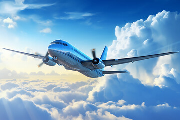 Airplane flying in the blue sky with clouds. 3d render