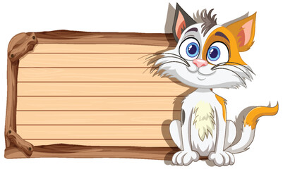 Adorable cartoon cat sitting beside a wooden plank.