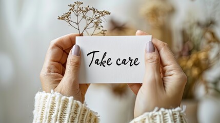 Hand presenting a 'Take care' card with a daisy bouquet, expressing heartfelt warmth and well-wishing. Generative AI