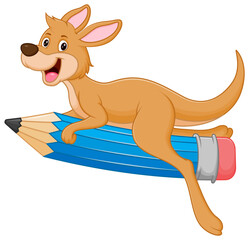 Cute Kangaroo Cartoon Riding a Flying Pencil Vector Illustration. Animal Education Icon Concept