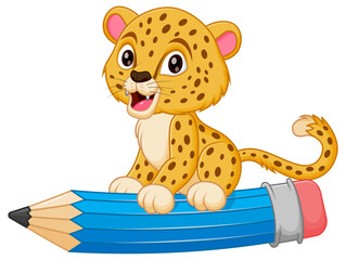 Cute Cheetah Cartoon Riding a Flying Pencil Vector Illustration. Animal Education Icon Concept © bahtiarmaulana