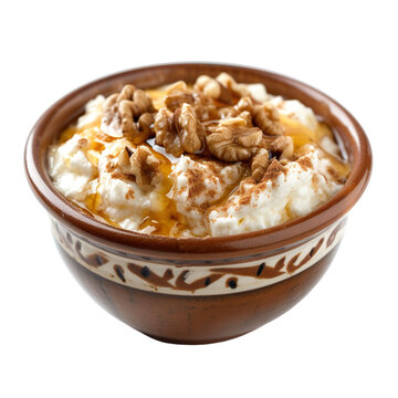 Front View of Yiaourti Me Meli with Greek Yogurt Topped with Honey, Walnuts, and a Sprinkle of Cinnamon, Isolated on a White Transparent Background