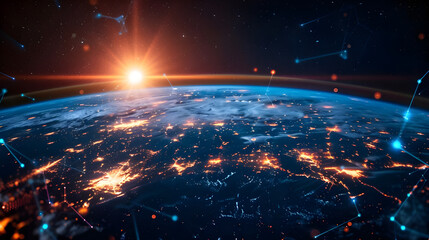 The digital world globe refers to the concept of global connectivity, high-speed data transfer, cyber technology, information exchange, and international communication 