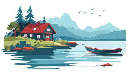 Lakeside Cottage with a Boat Scenery Flat vector