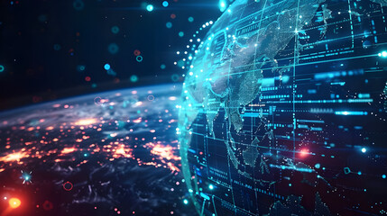 The digital world globe refers to the concept of global connectivity, high-speed data transfer, cyber technology, information exchange, and international communication  - obrazy, fototapety, plakaty