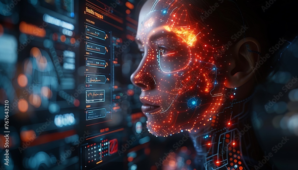Aufkleber close up of woman face with digital binary code. 3d rendering