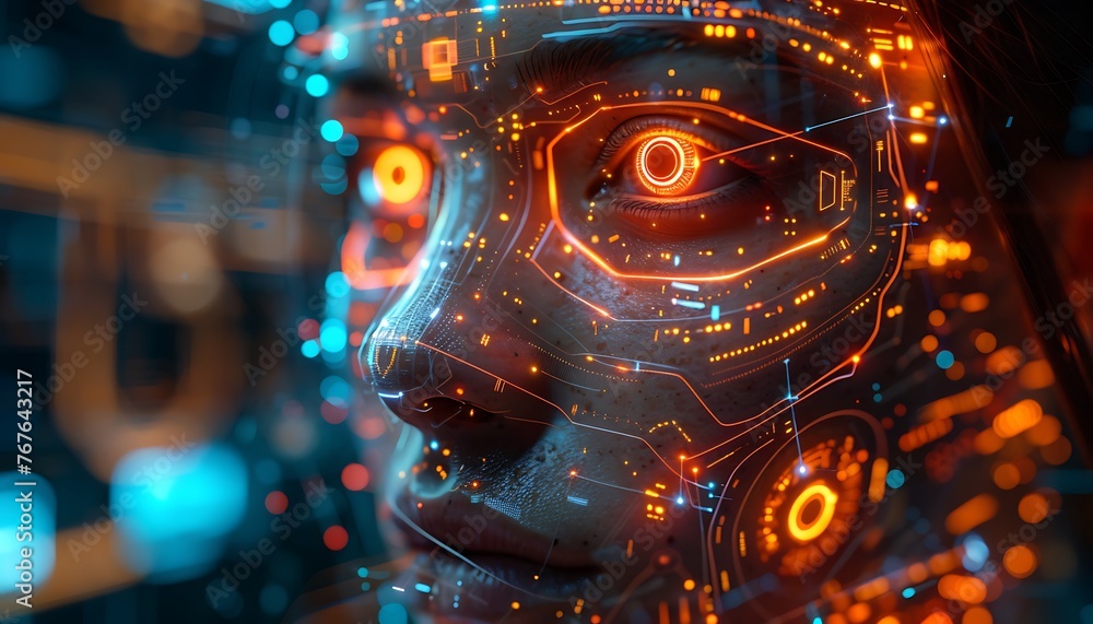 Poster close up of woman face with digital binary code. 3d rendering