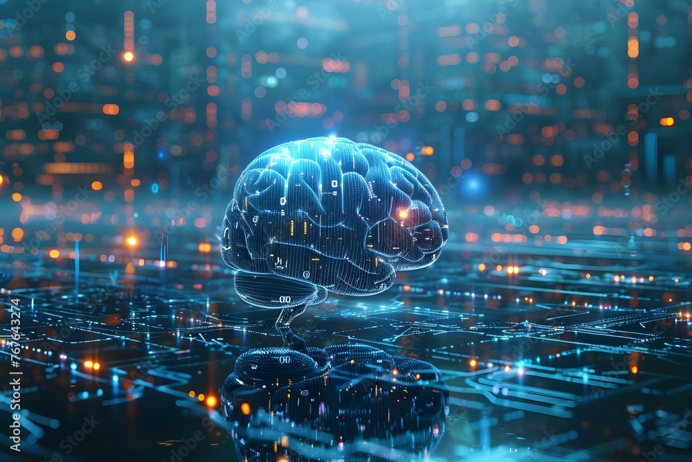 Poster exploring the concept of digital brain with ai technology, big data, deep learning, and machine thin