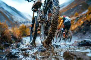 Close-up view of legs and shoes while riding on mountain trails, emphasizing the physicality and adventure of mountain biking - obrazy, fototapety, plakaty