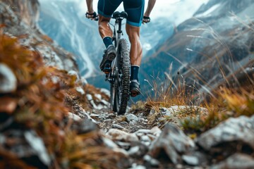 Close-up view of legs and shoes while riding on mountain trails, emphasizing the physicality and adventure of mountain biking