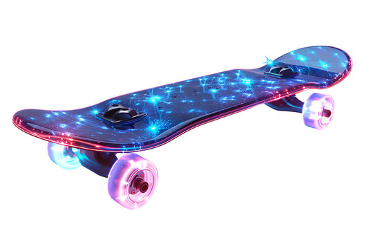 A 3D animated cartoon render of an electric aqua skateboard with glowing lights.