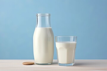 Bottle of milk and glass of milk on wooden table on light blue background. Generative AI