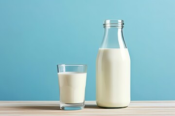 Bottle of milk and glass of milk on wooden table on light blue background. Generative AI