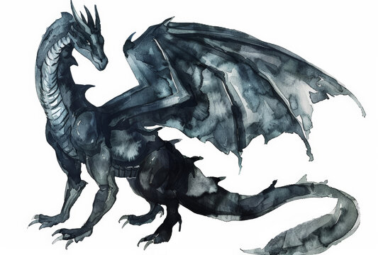 Watercolor black dragon illustration isolated on white background Dark Fairy tale dragons